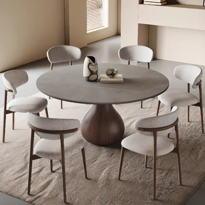 Scandinavian Brown Grey Round Dining Table with Pedestal Image - 5