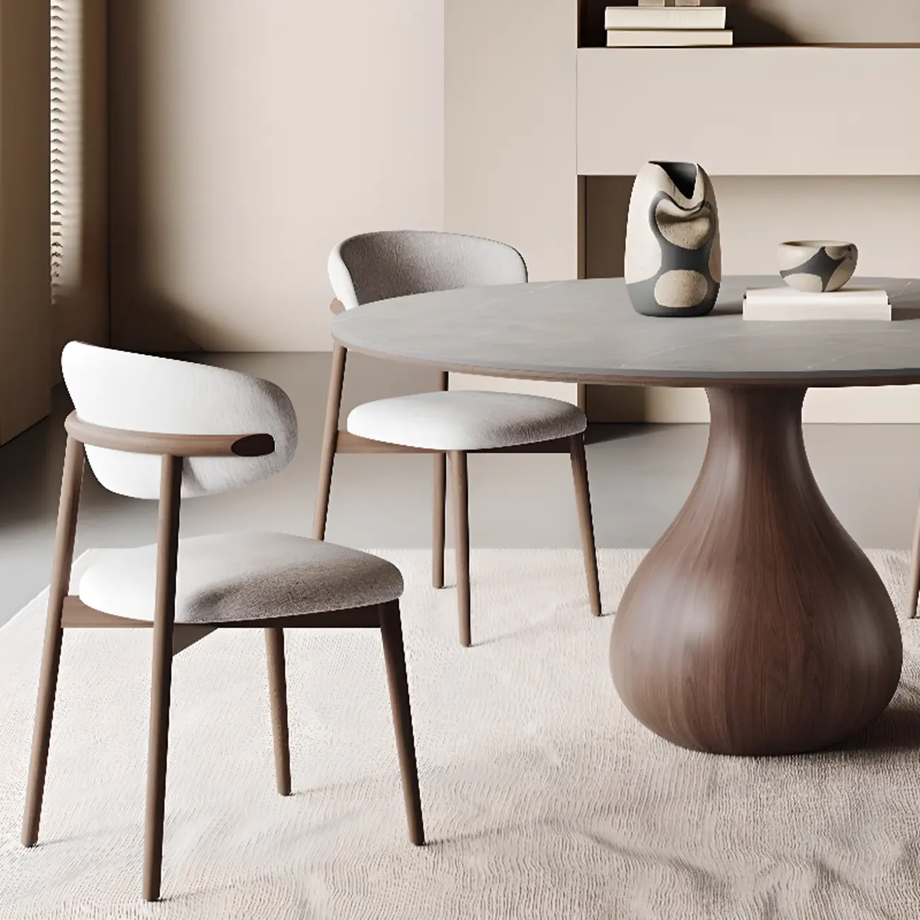 Scandinavian Brown Grey Round Dining Table with Pedestal Image - 8 | homeyfad