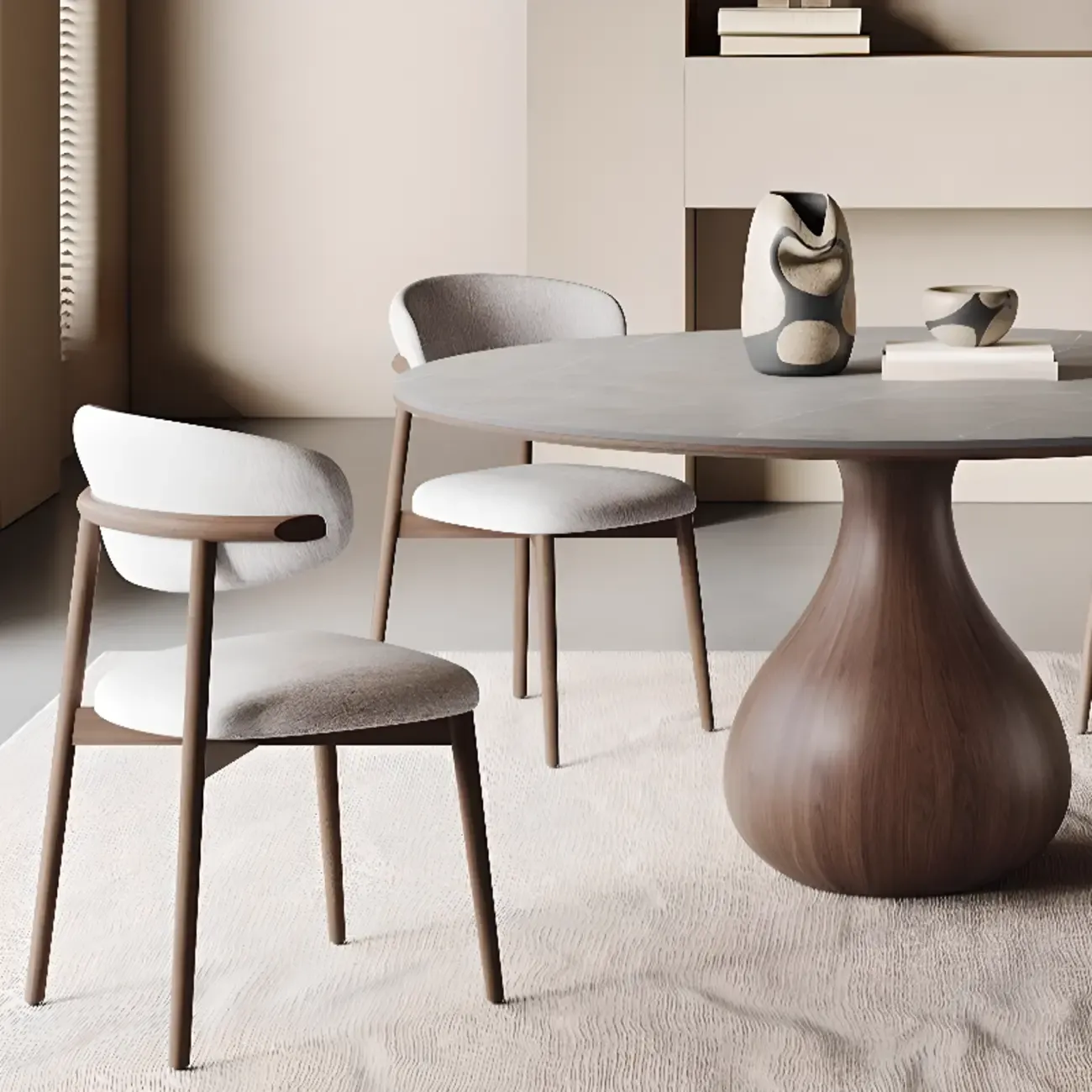 Scandinavian Brown Grey Round Dining Table with Pedestal Image - 8