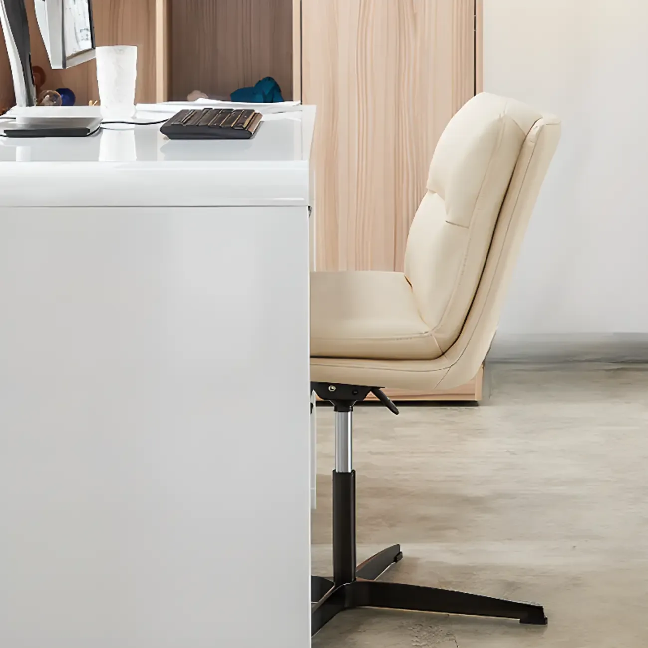 Beige Leather Armless Swivel Wide Office Chair Image - 3