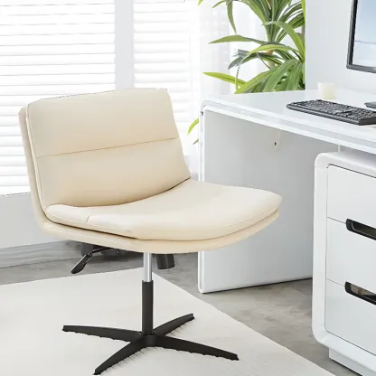 Beige Leather Armless Swivel Wide Office Chair Image - 2