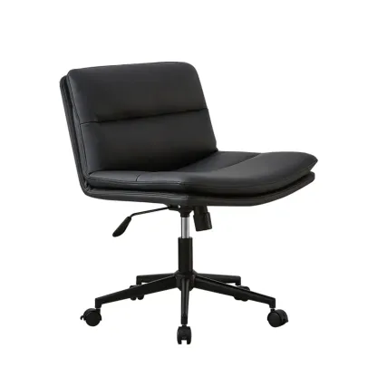 Beige Leather Armless Swivel Wide Office Chair Image - 8