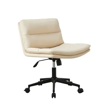 Beige Leather Armless Swivel Wide Office Chair Image - 13