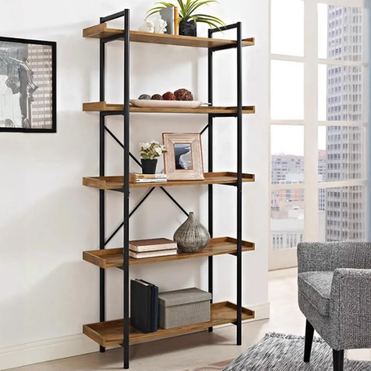 5-Tier Open Back Metal Frame Rectangular Bookcase Image - 1 | homeyfad