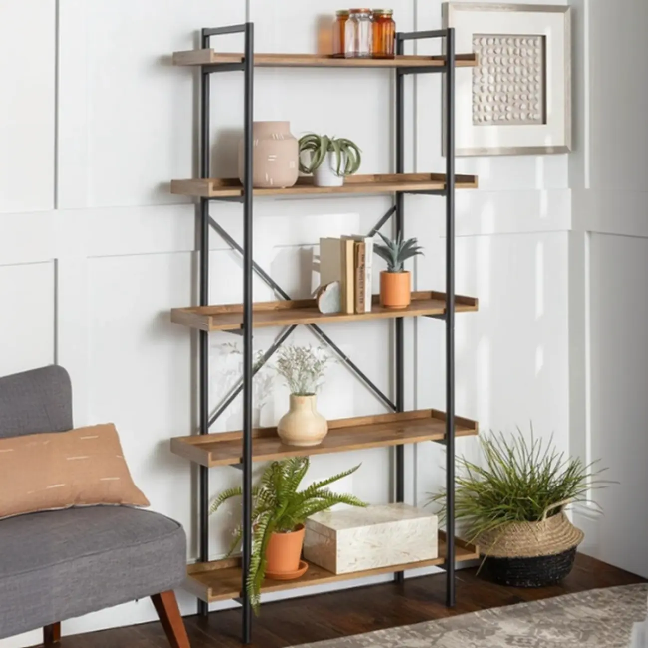 5-Tier Open Back Metal Frame Rectangular Bookcase Image - 4 | homeyfad