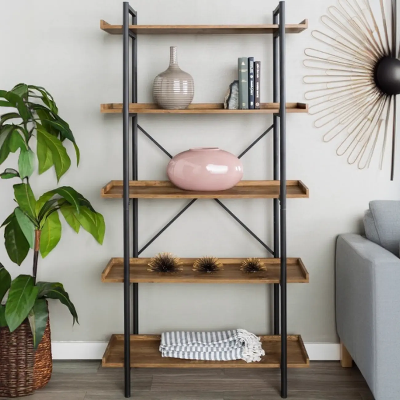 5-Tier Open Back Metal Frame Rectangular Bookcase Image - 6 | homeyfad