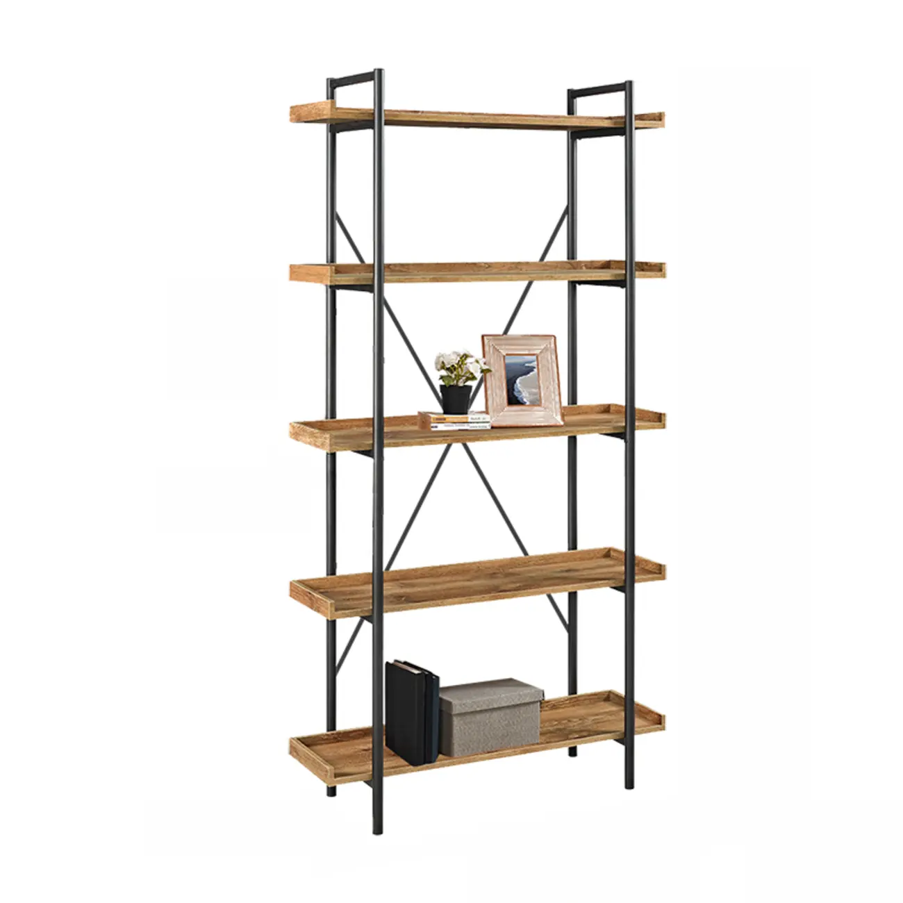 5-Tier Open Back Metal Frame Rectangular Bookcase Image - 17 | homeyfad