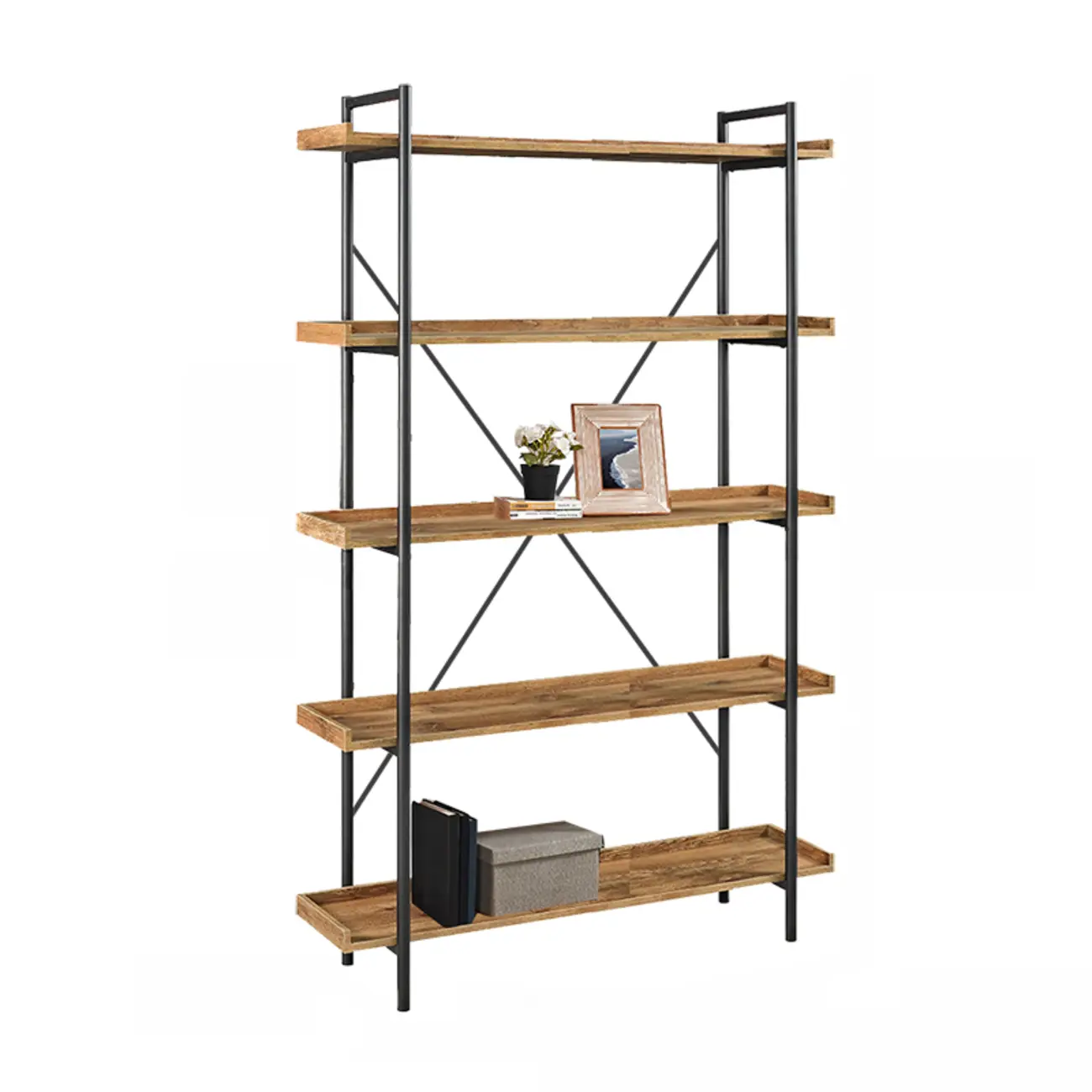 5-Tier Open Back Metal Frame Rectangular Bookcase Image - 20 | homeyfad