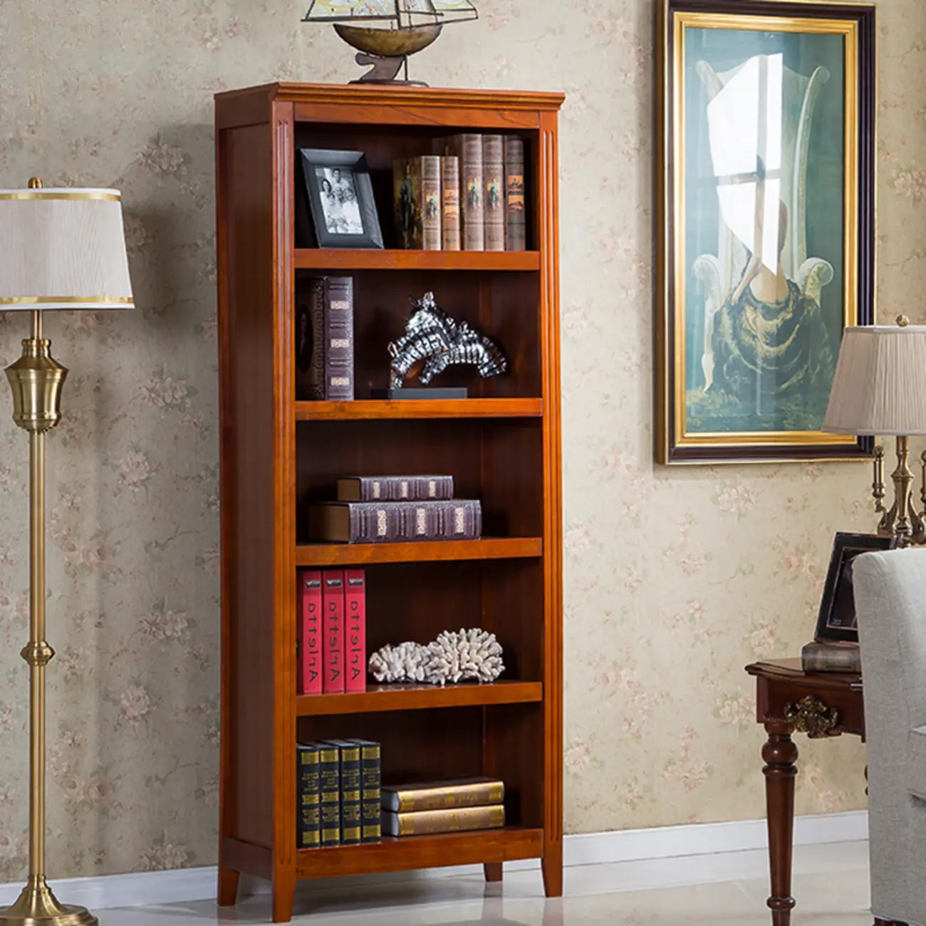 Classic Birch Wood 5-Tier Vertical Barrister Bookcase Image - 22 | homeyfad