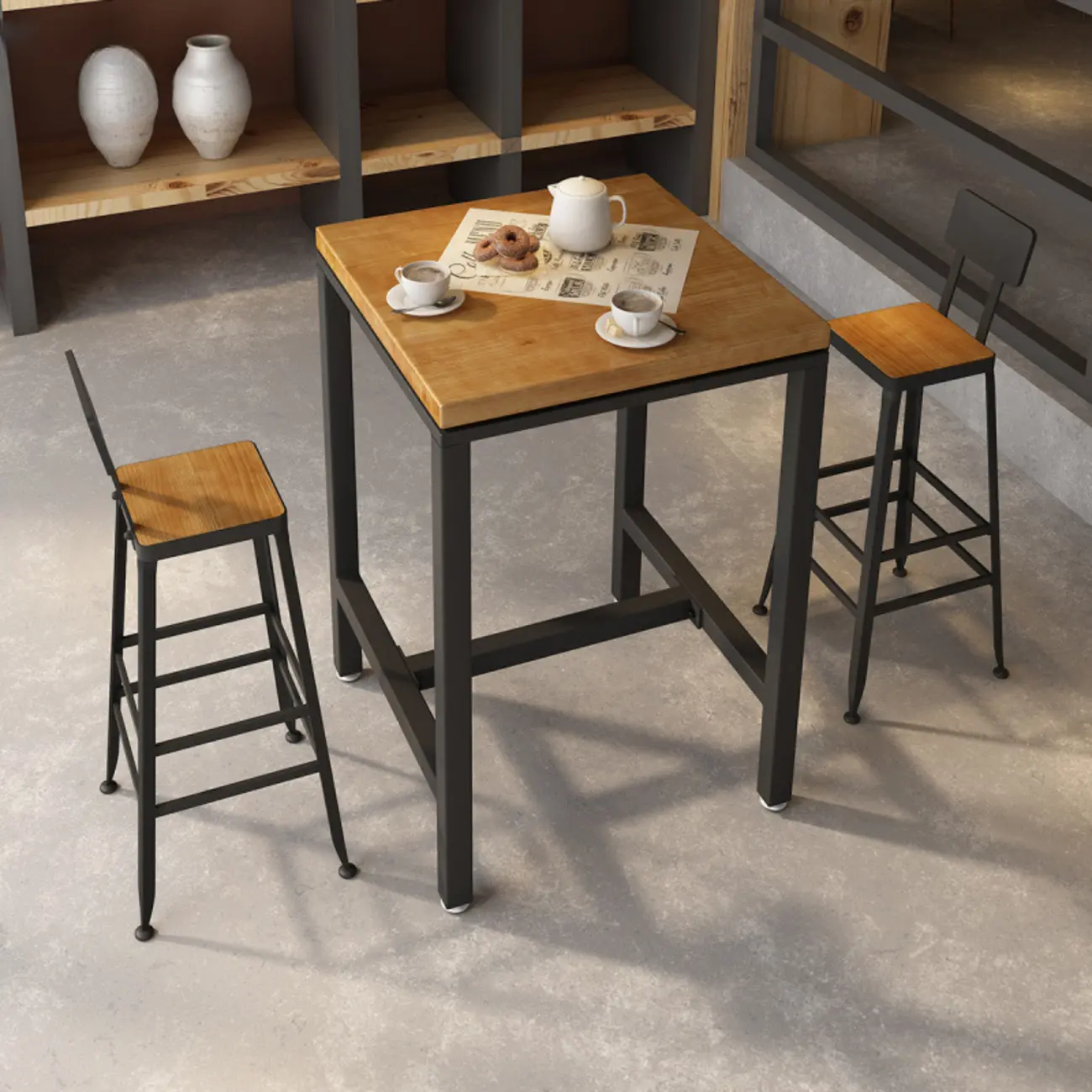 Industrial Wooden Top Bar Height Table with Footrest for Dining Image - 1 | homeyfad
