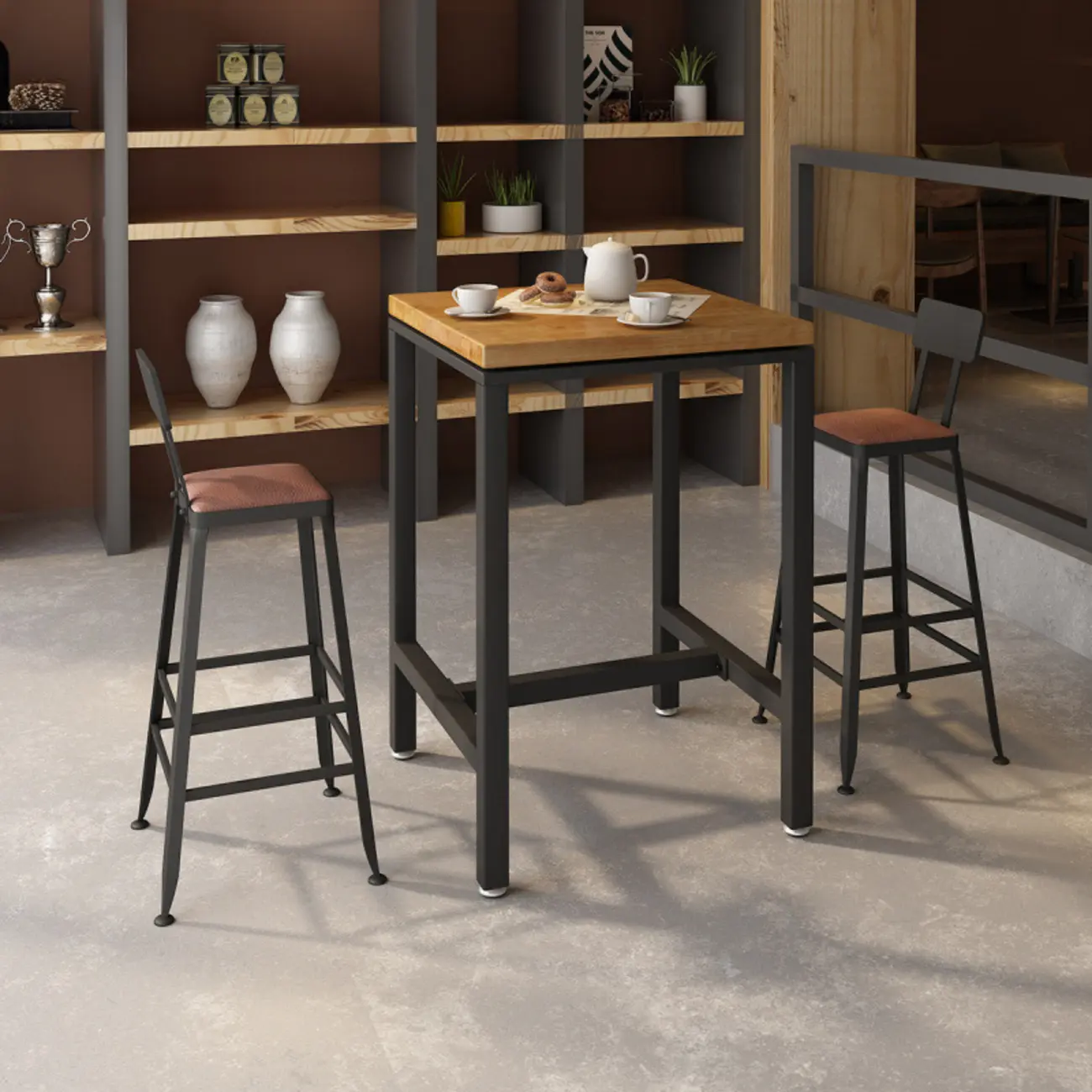 Industrial Wooden Top Bar Height Table with Footrest for Dining Image - 2 | homeyfad