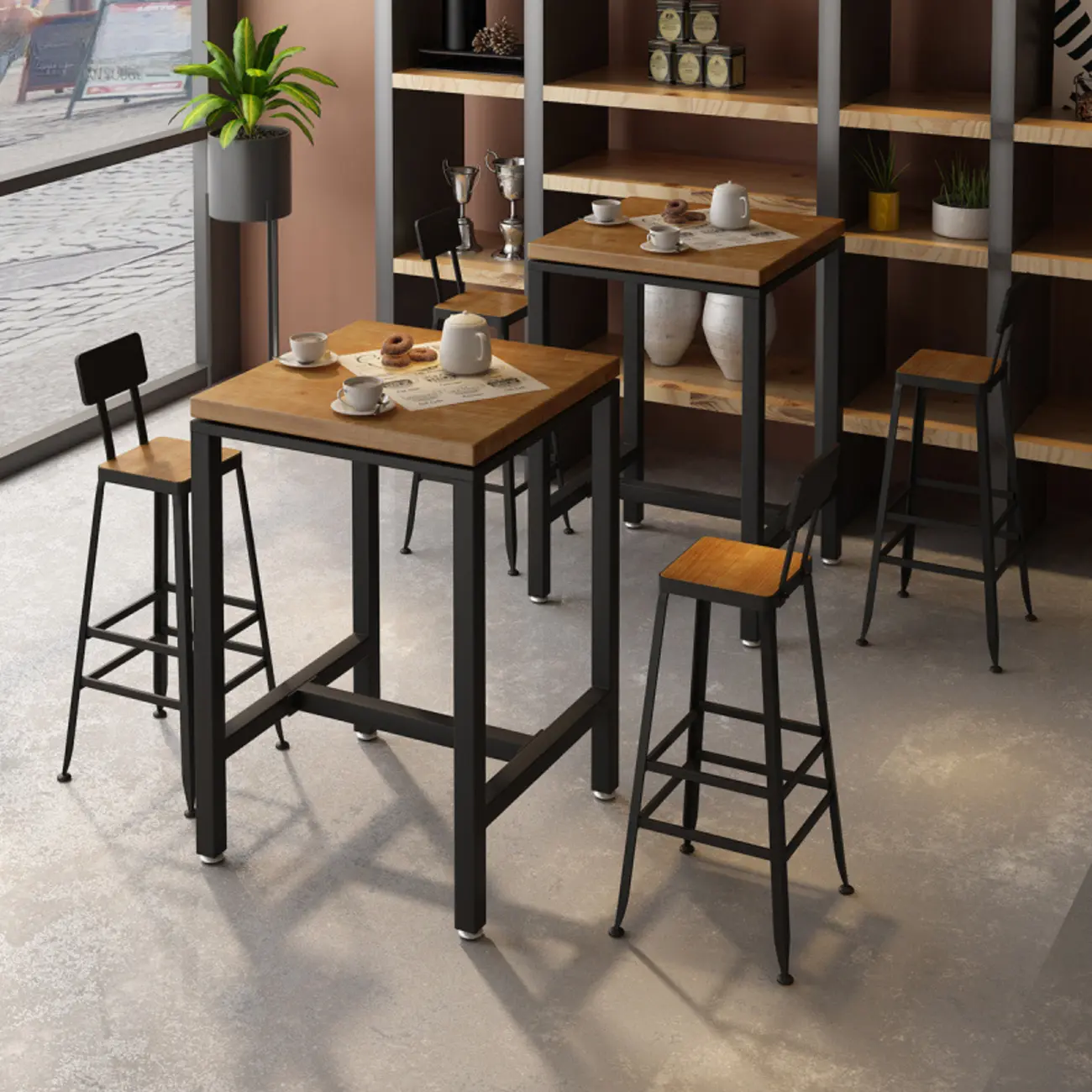 Industrial Wooden Top Bar Height Table with Footrest for Dining Image - 3 | homeyfad