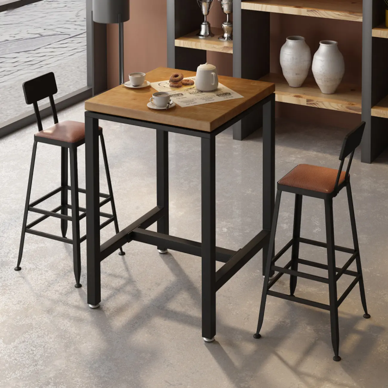 Industrial Wooden Top Bar Height Table with Footrest for Dining Image - 4 | homeyfad
