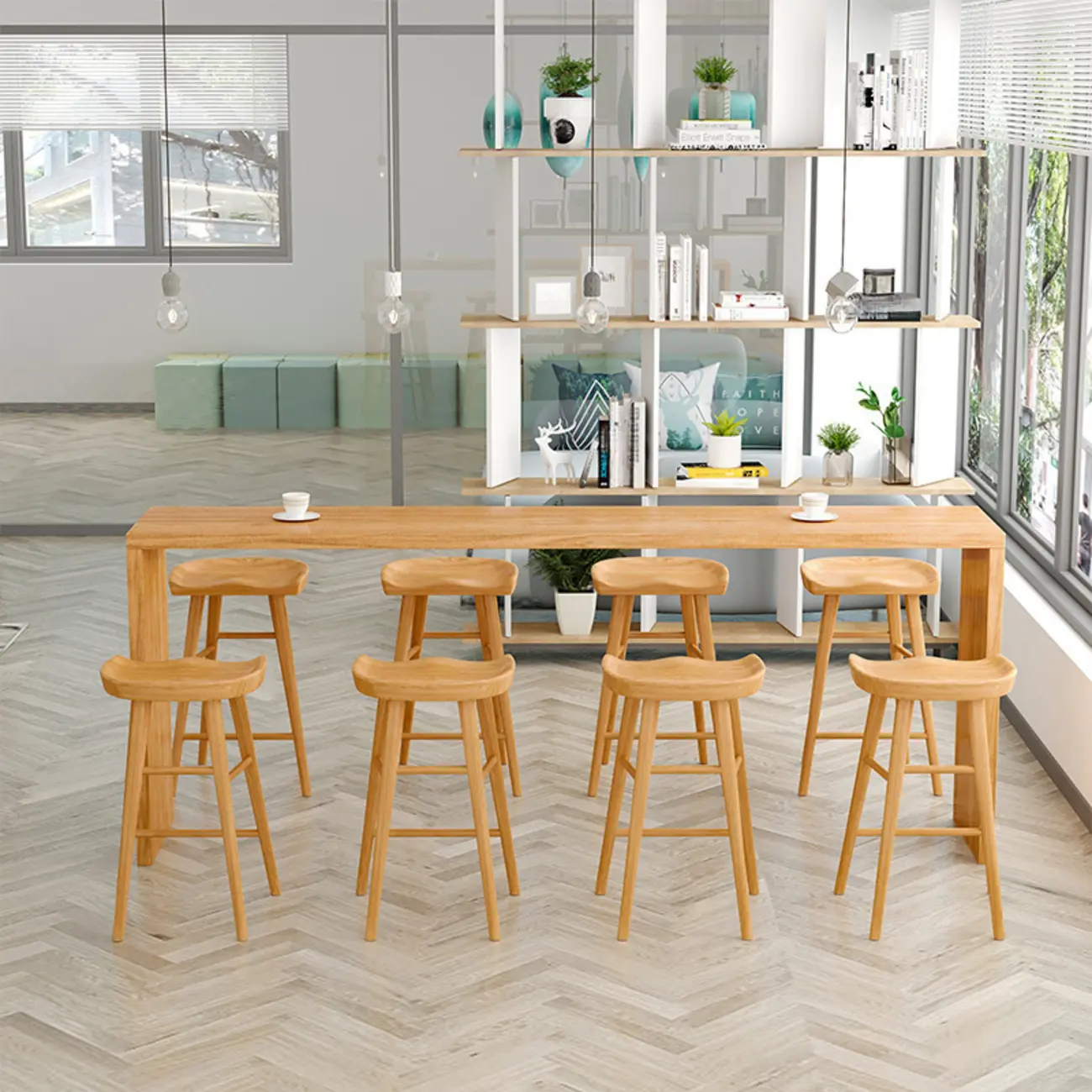 Rectangle Scandinavian Wooden Bar Height Table Double Pedestal Image - 4 | homeyfad