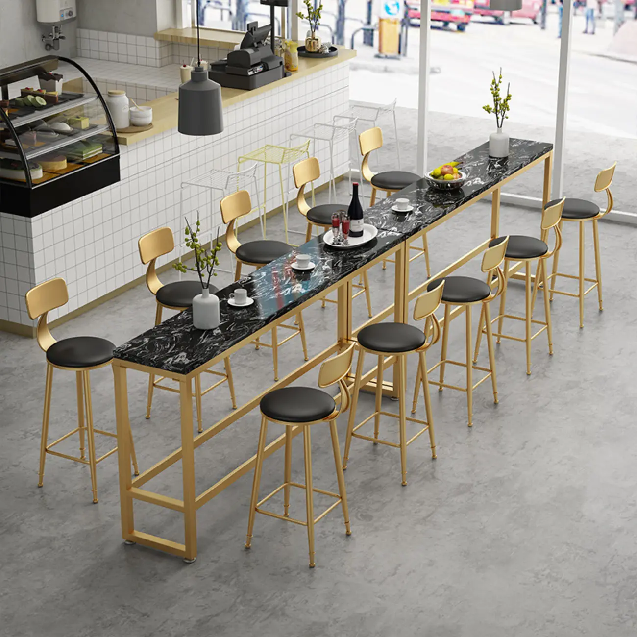 Modern Rectangle Marble Top Bar Table Gold Base with Footrest | homeyfad