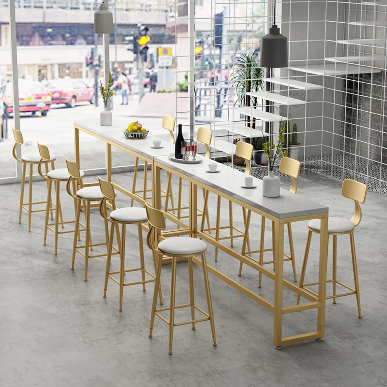 Modern Rectangle Marble Top Bar Table Gold Base with Footrest | homeyfad