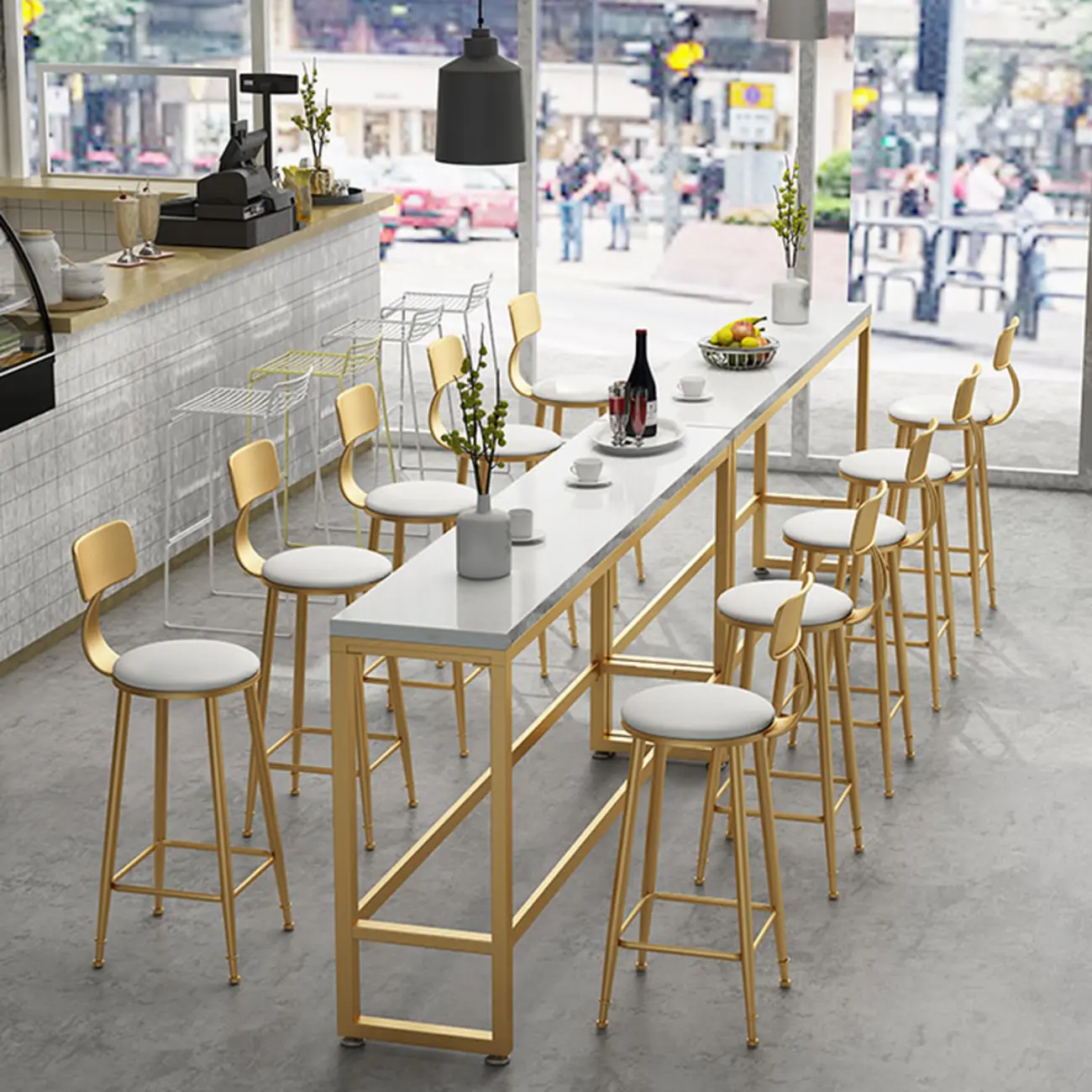 Modern Rectangle Marble Top Bar Table Gold Base with Footrest Image - 4 | homeyfad