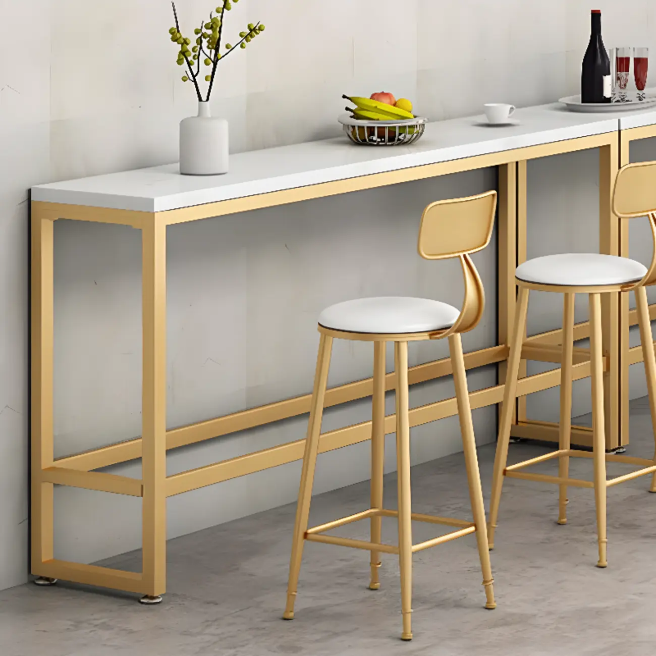 Modern Rectangle Marble Top Bar Table Gold Base with Footrest Image - 6 | homeyfad