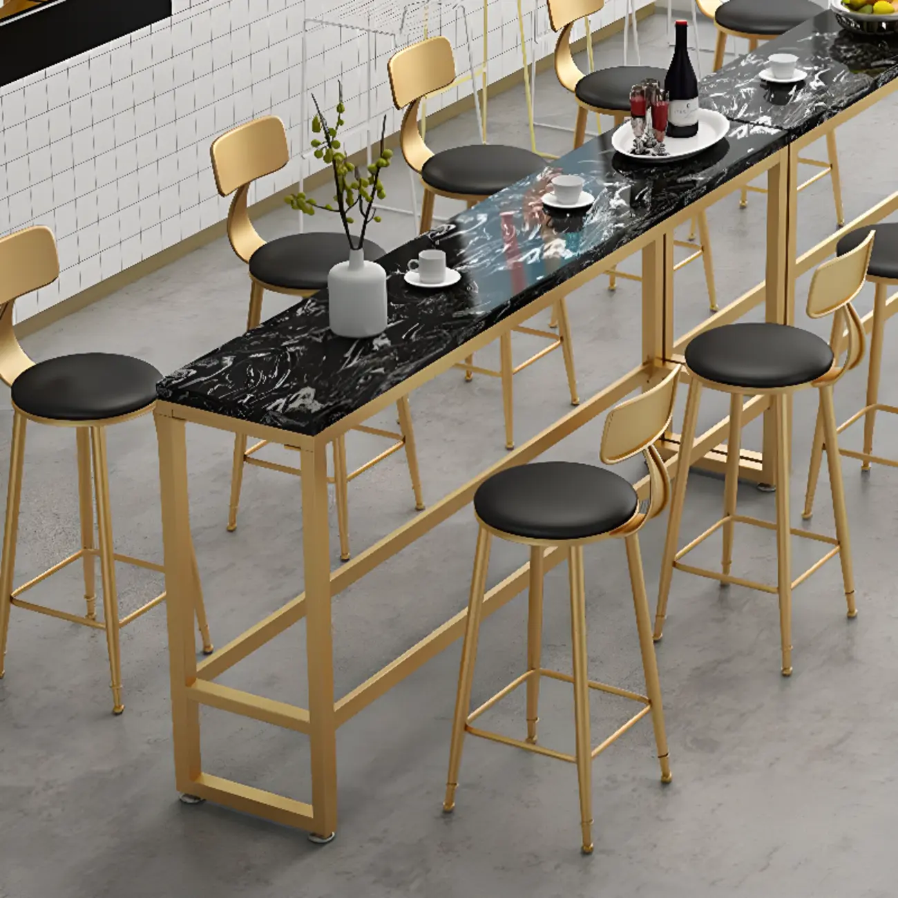 Modern Rectangle Marble Top Bar Table Gold Base with Footrest Image - 7 | homeyfad