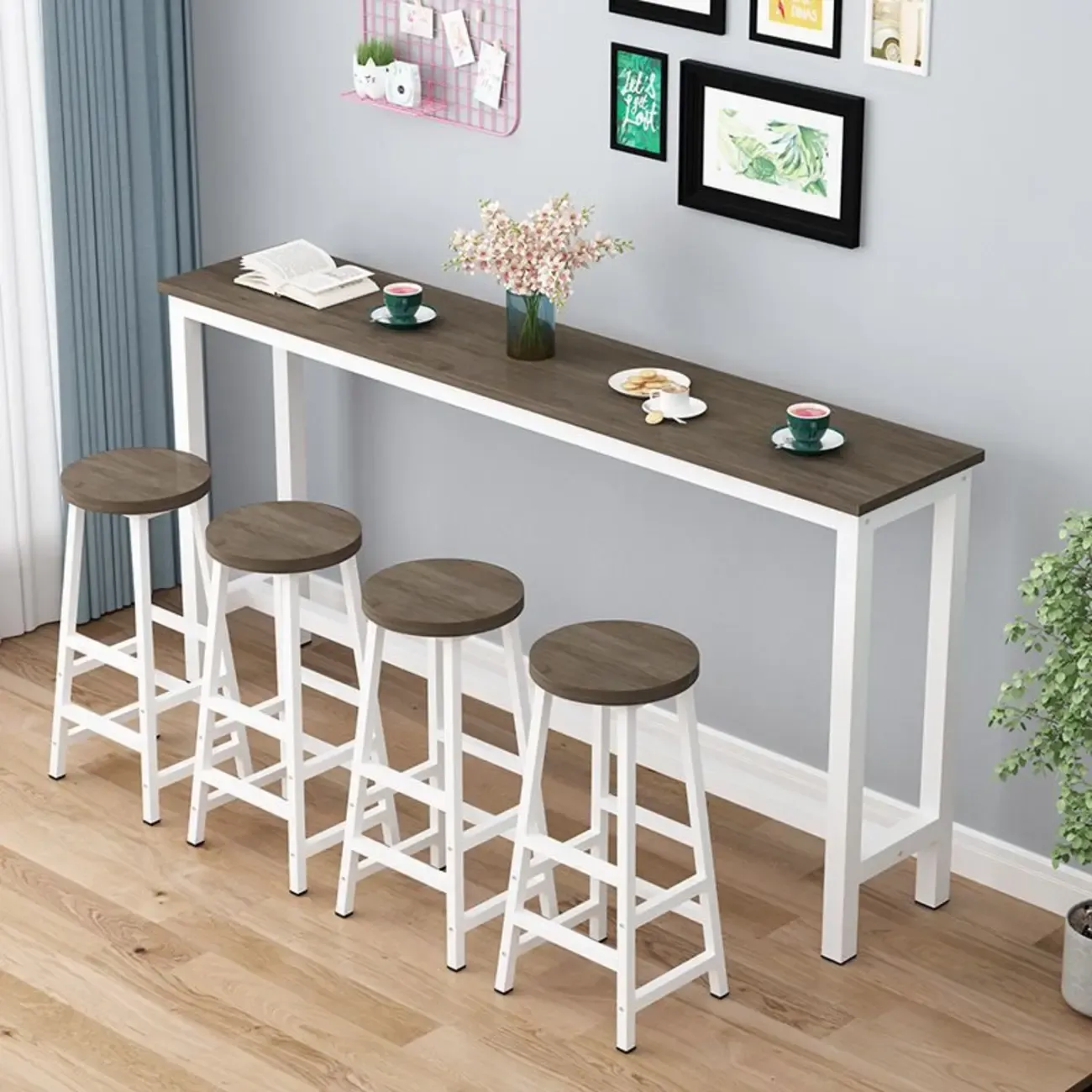 Grey Rectangle Wood Metal Footrest Bar Tables Image - 2