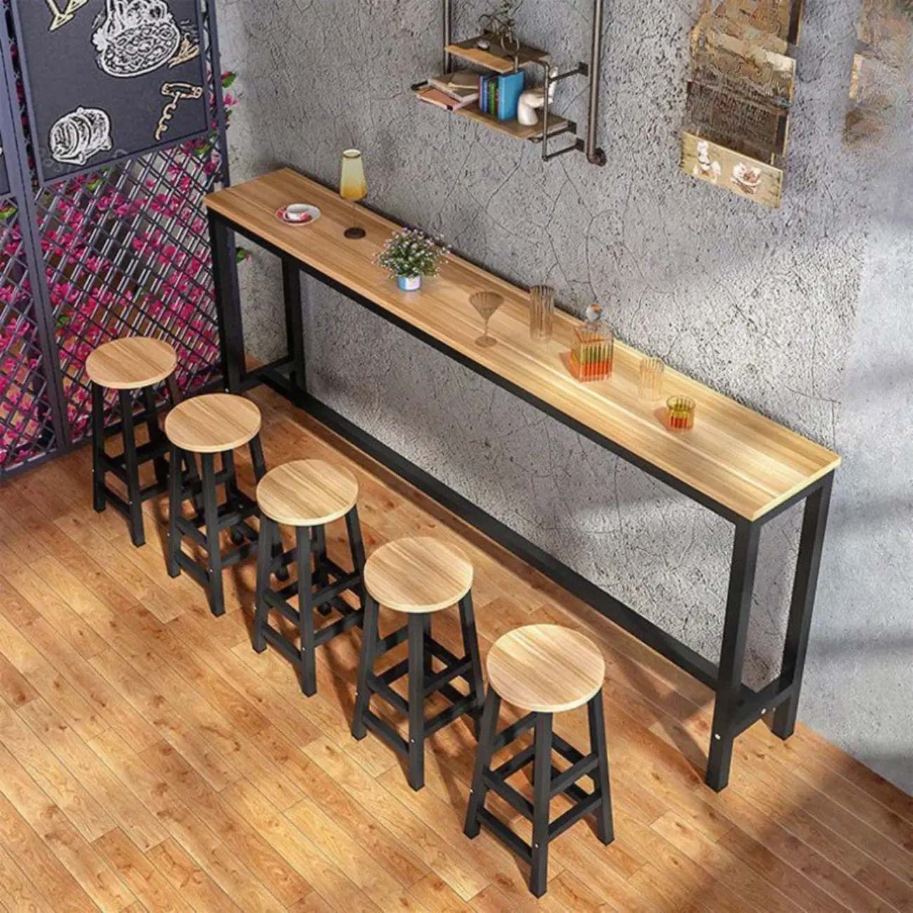 Grey Rectangle Wood Metal Footrest Bar Tables Image - 9