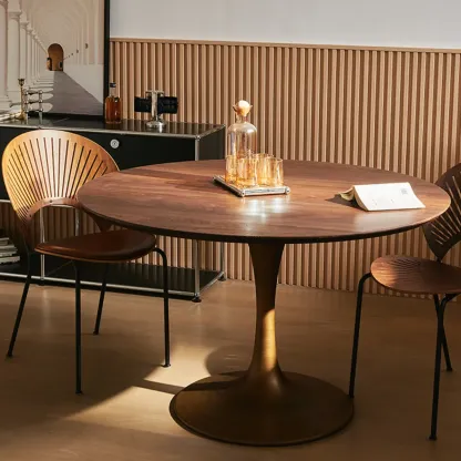 Glam Brown Wood Round Dining Table Image - 2