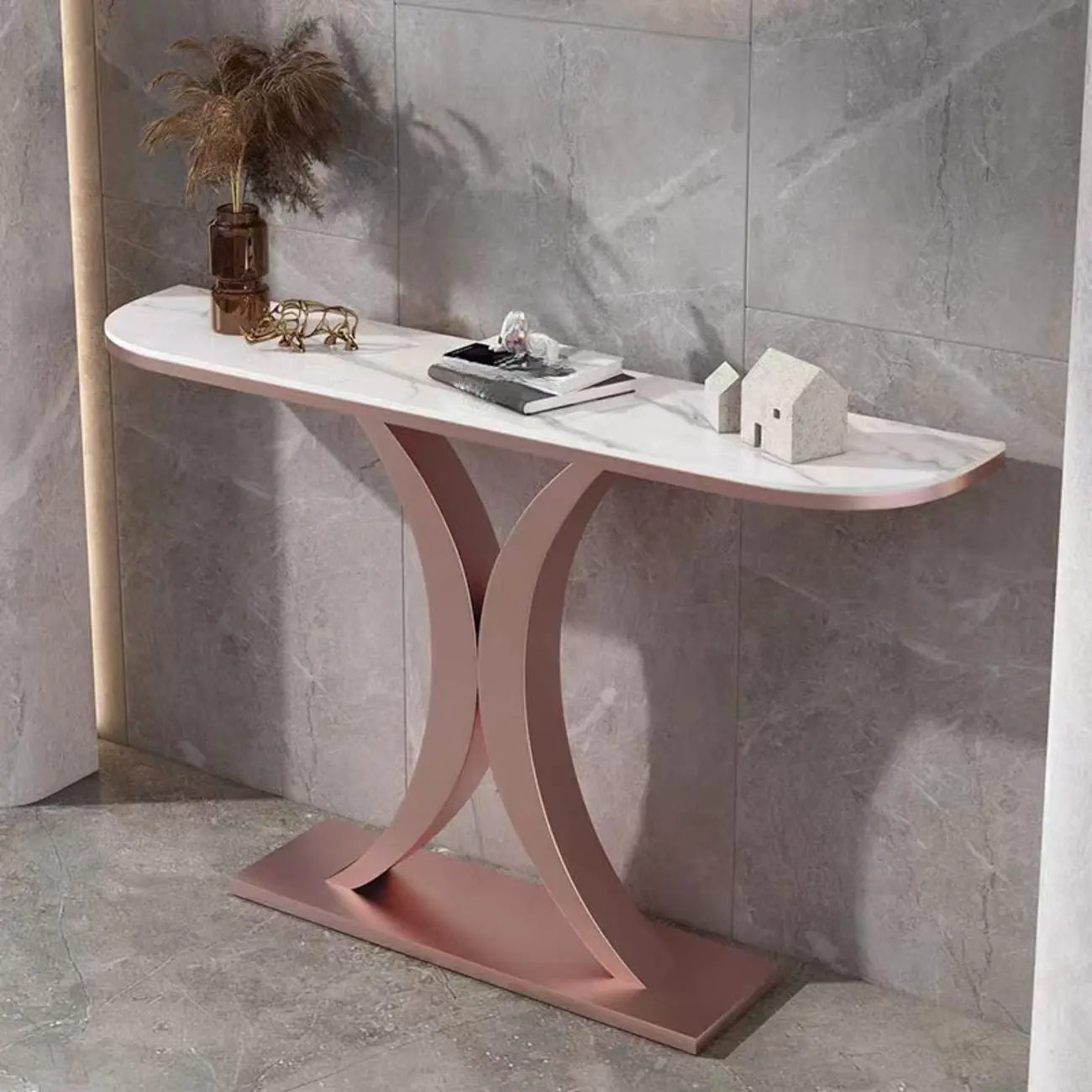 White Half-Circle Stone Rose Gold Entryway Console Table Image - 1 | homeyfad