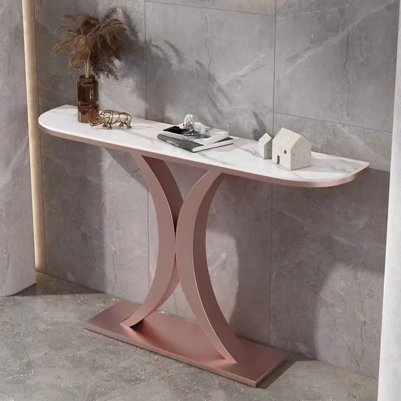 White Half-Circle Stone Rose Gold Entryway Console Table Image - 1