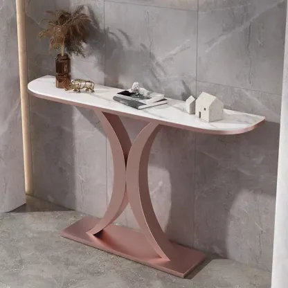 White Half-Circle Stone Rose Gold Entryway Console Table Image - 1