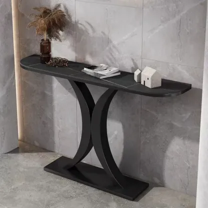 White Half-Circle Stone Rose Gold Entryway Console Table Image - 3