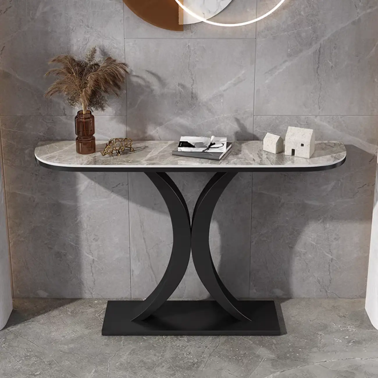 White Half-Circle Stone Rose Gold Entryway Console Table Image - 4 | homeyfad
