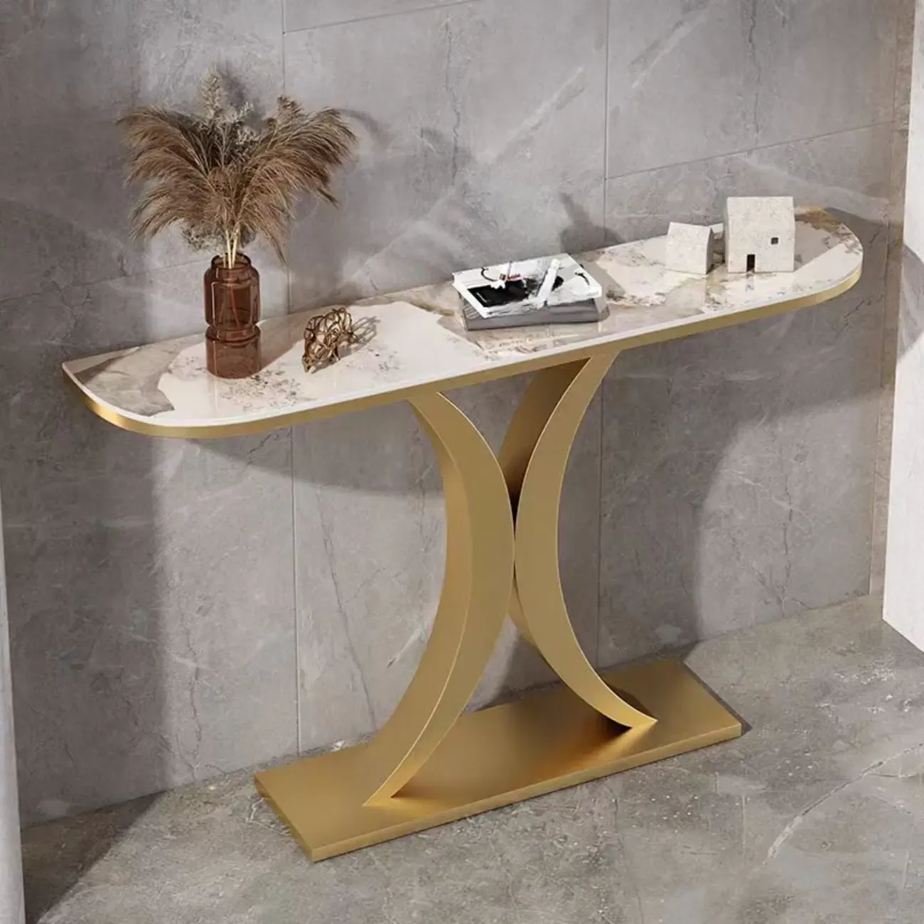 White Half-Circle Stone Rose Gold Entryway Console Table Image - 7