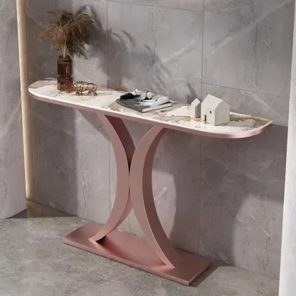 White Half-Circle Stone Rose Gold Entryway Console Table Image - 8