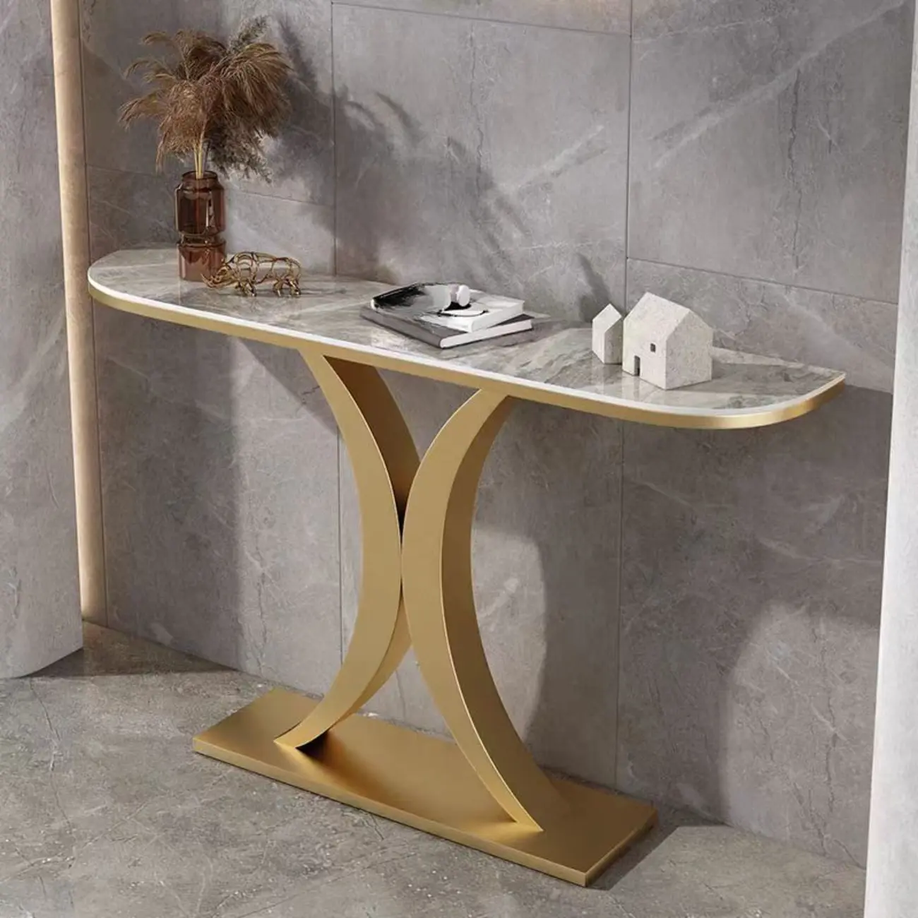White Half-Circle Stone Rose Gold Entryway Console Table Image - 9 | homeyfad