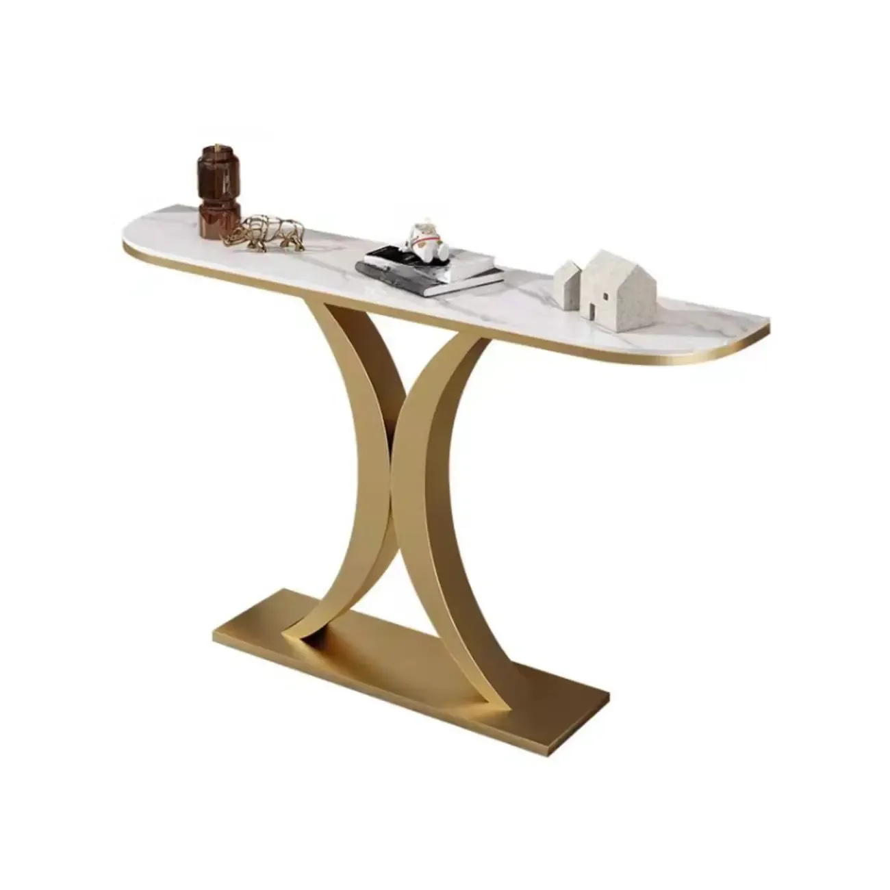 White Half-Circle Stone Rose Gold Entryway Console Table Image - 10