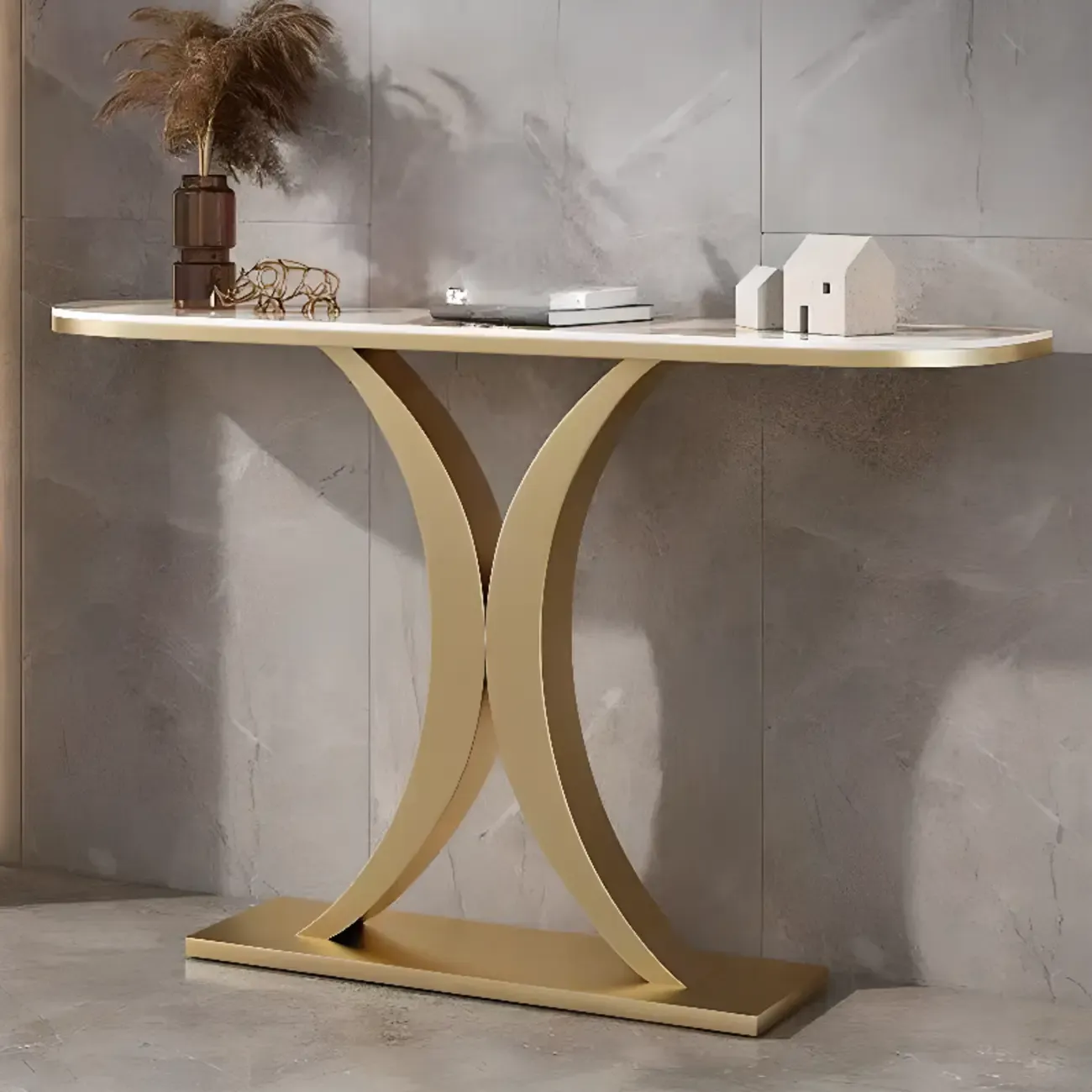 White Half-Circle Stone Rose Gold Entryway Console Table Image - 11