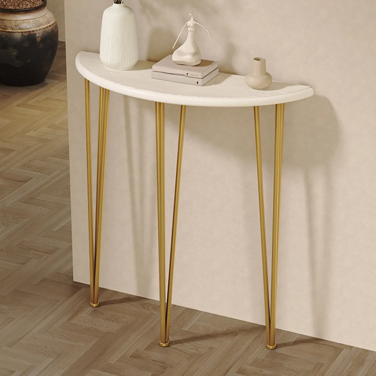 Half-Moon Wood Console Table with Gold Legs Image - 1 | homeyfad