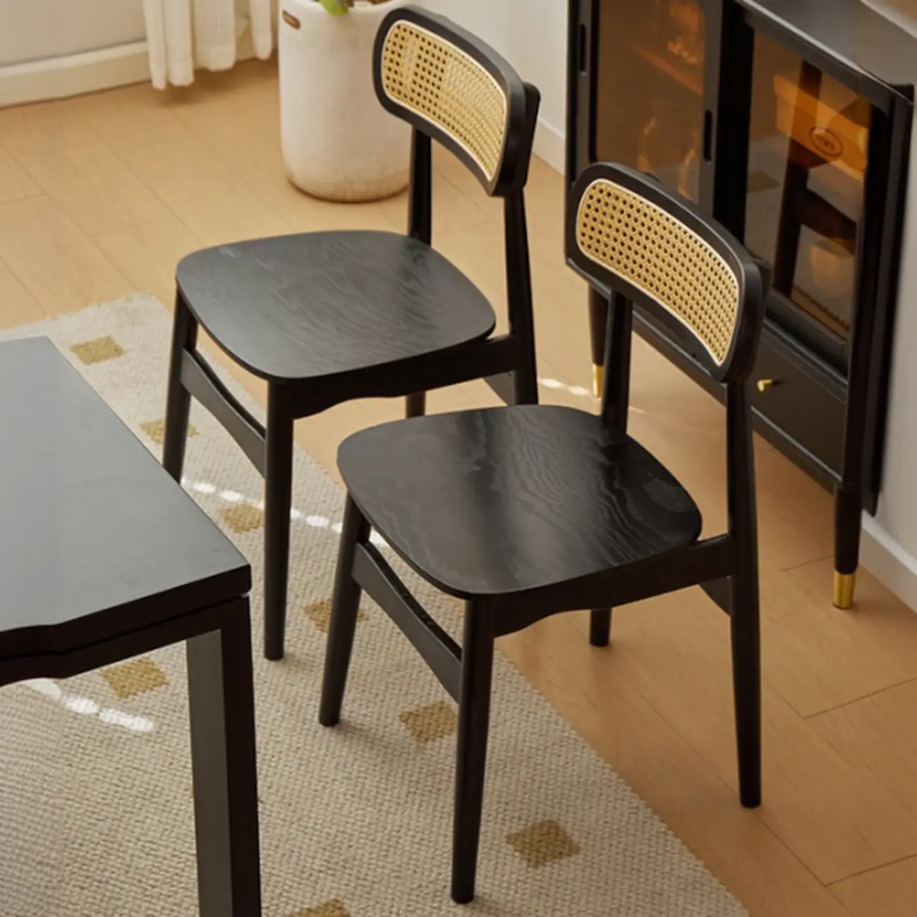 Rustic Black Wooden Armless Dining Chair with Handwoven Back Image - 1 | homeyfad