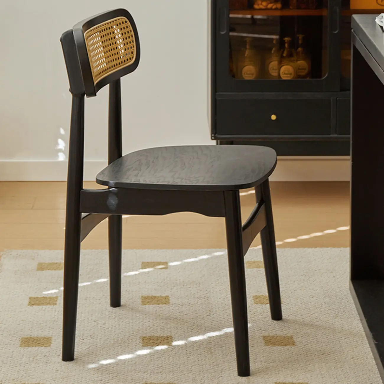 Rustic Black Wooden Armless Dining Chair with Handwoven Back Image - 4 | homeyfad