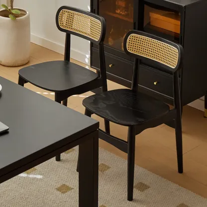 Rustic Black Wooden Armless Dining Chair with Handwoven Back Image - 11