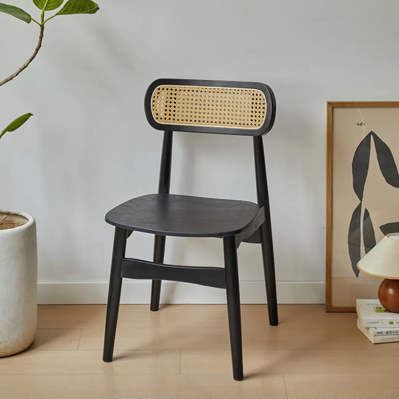 Rustic Black Wooden Armless Dining Chair with Handwoven Back Image - 12 | homeyfad