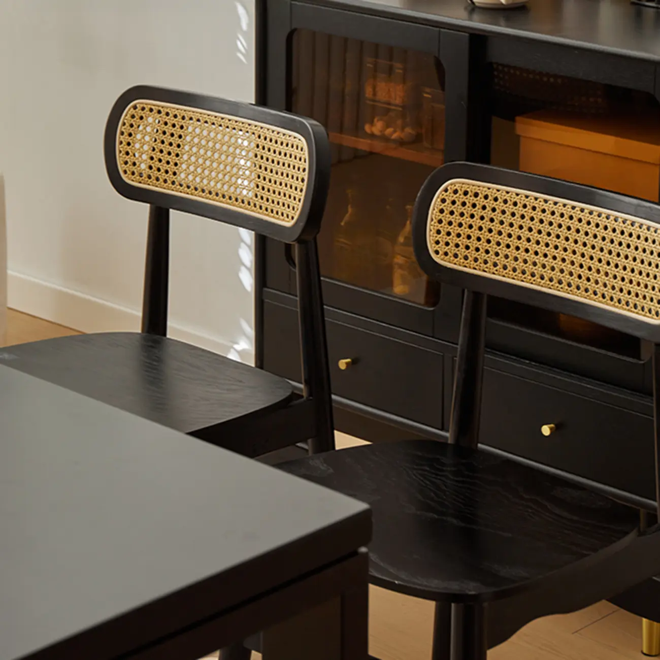 Rustic Black Wooden Armless Dining Chair with Handwoven Back Image - 15 | homeyfad