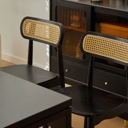 Rustic Black Wooden Armless Dining Chair with Handwoven Back Image - 15