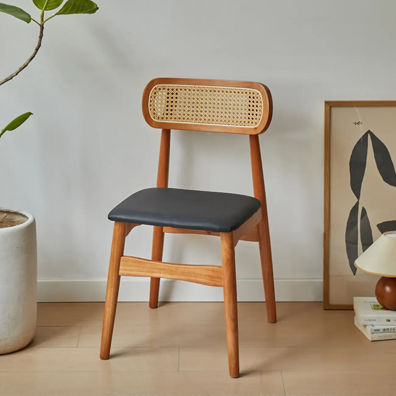 Rustic Black Wooden Armless Dining Chair with Handwoven Back Image - 20