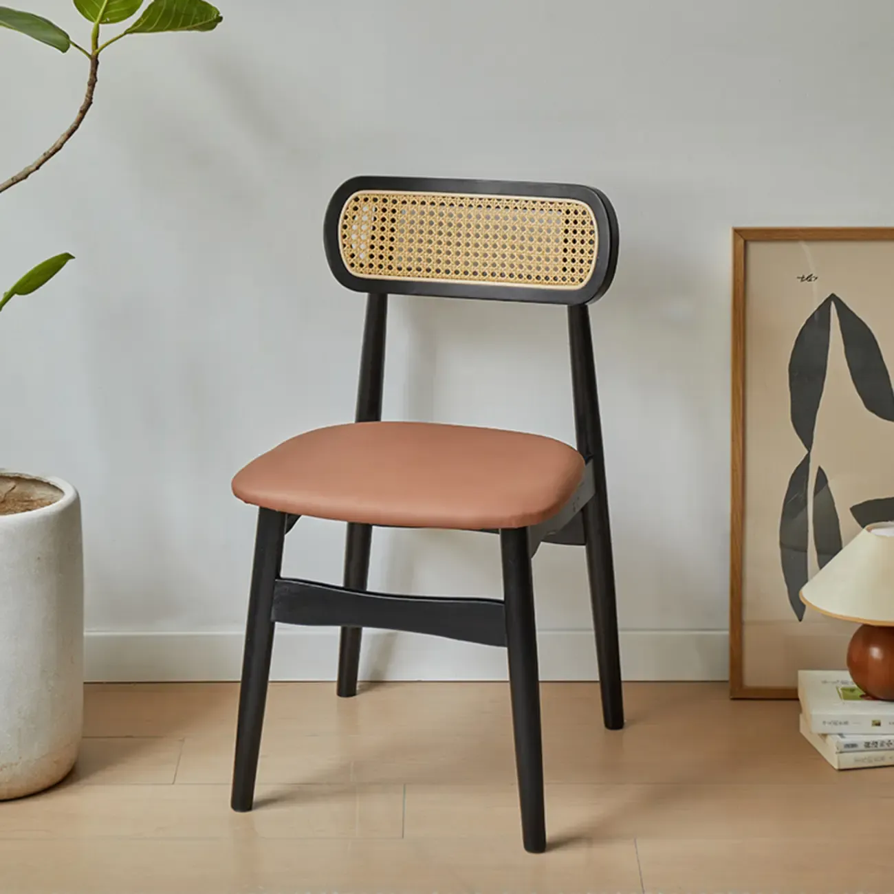 Rustic Black Wooden Armless Dining Chair with Handwoven Back Image - 23