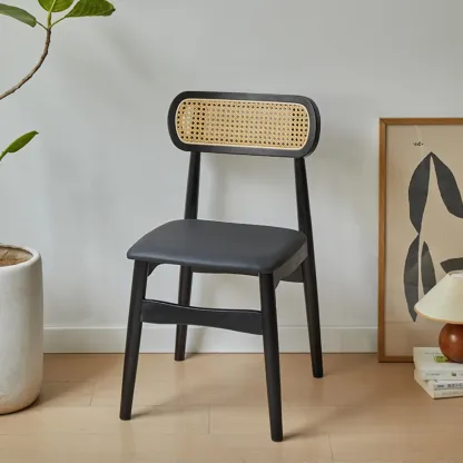 Rustic Black Wooden Armless Dining Chair with Handwoven Back Image - 24