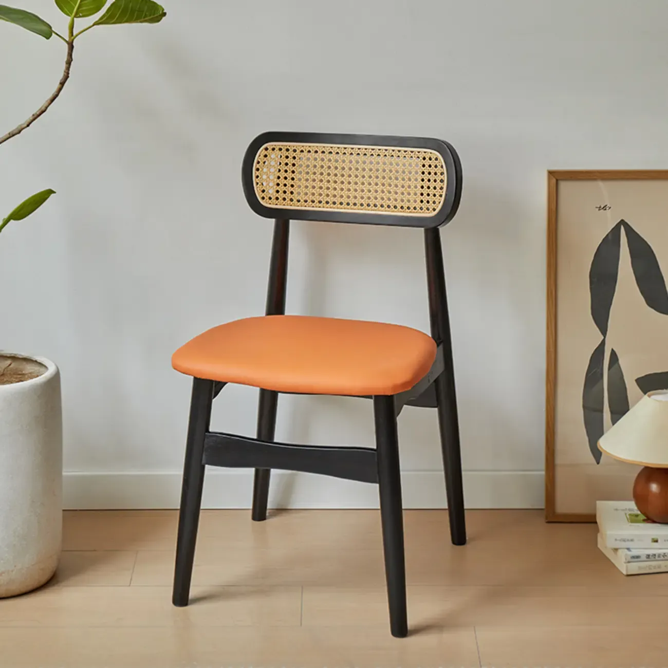 Rustic Black Wooden Armless Dining Chair with Handwoven Back Image - 25