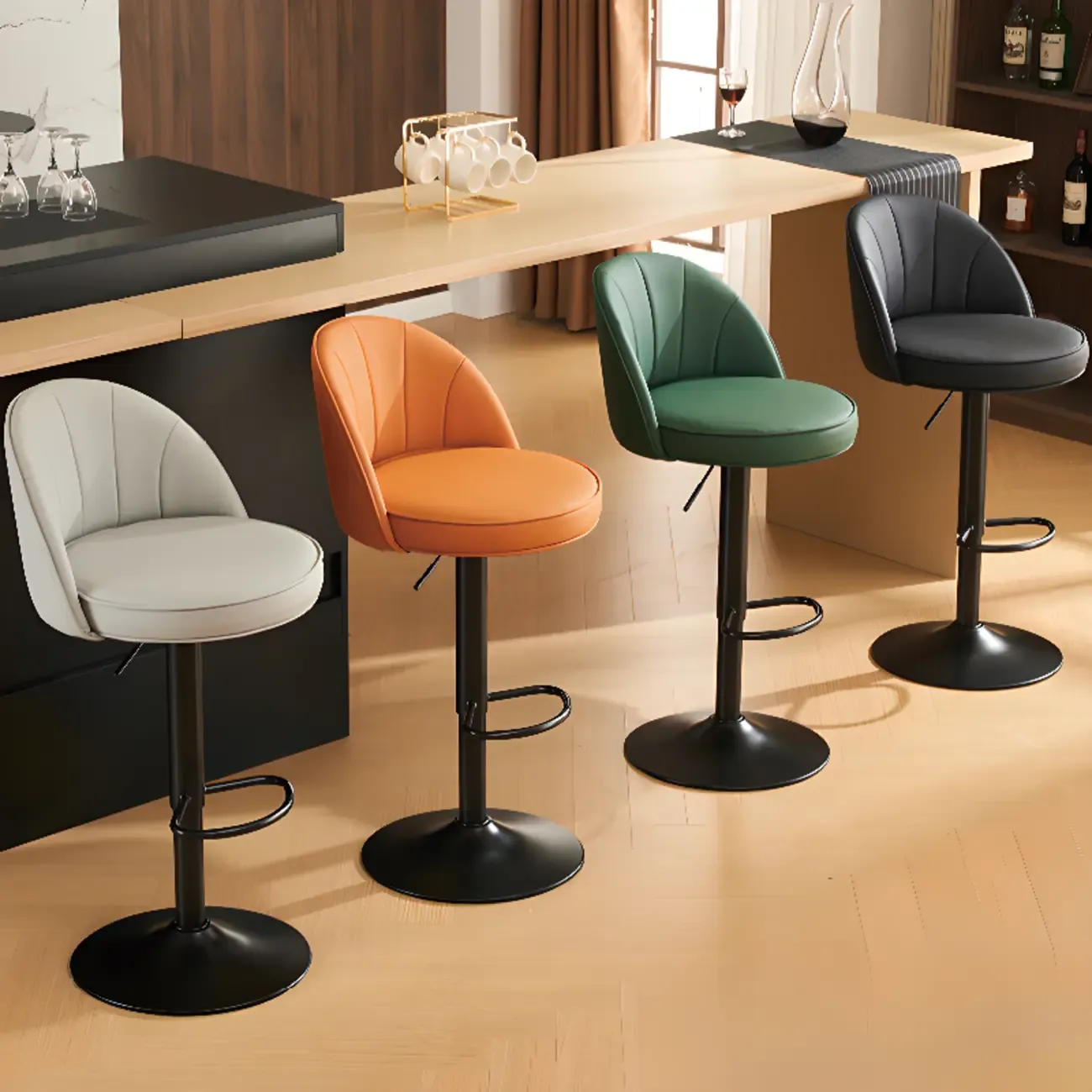 Casual Round Faux Leather Low Back Swivel Bar Stools Image - 3