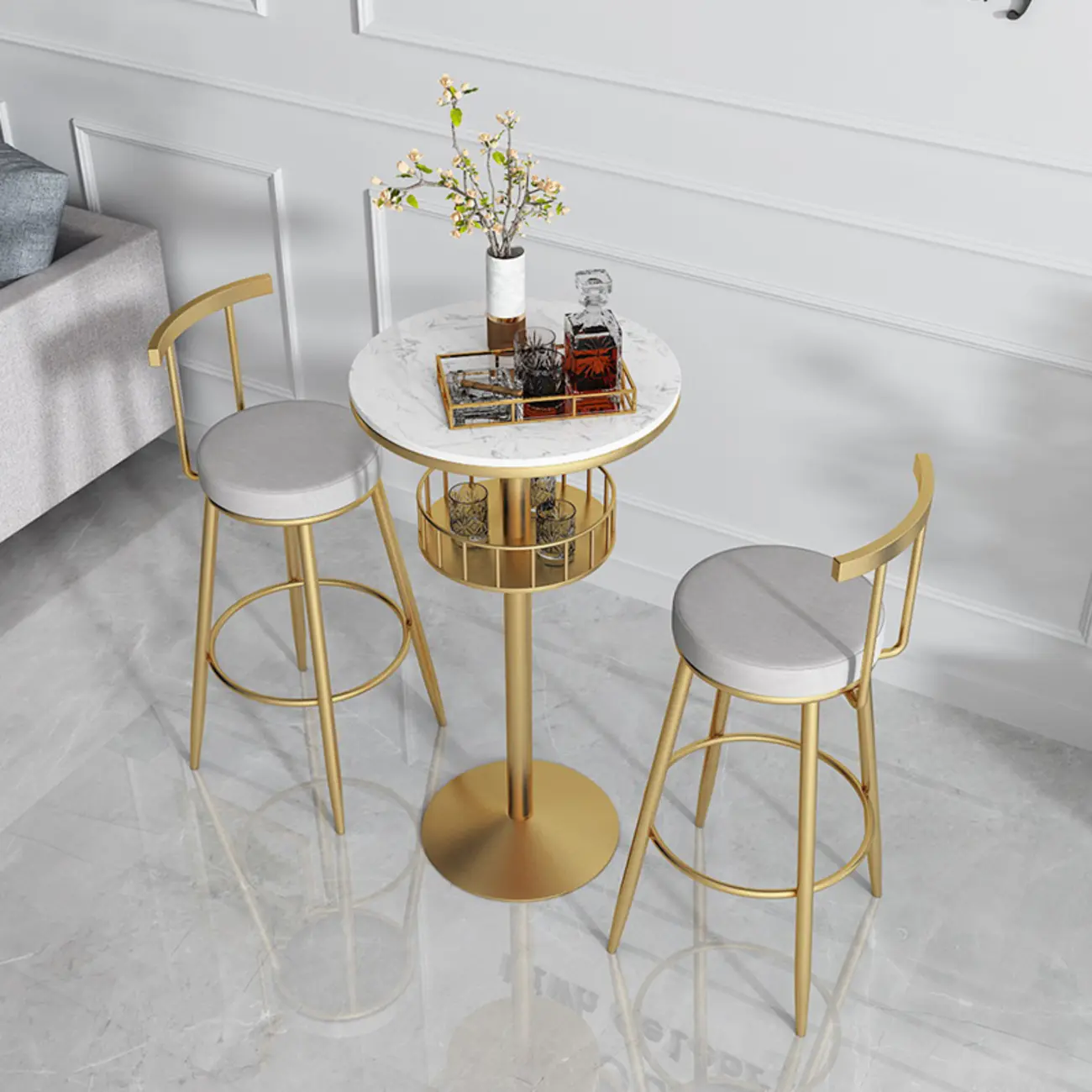 Glamorous Golden Marble Round Bar Table with Under Shelf Image - 1 | homeyfad