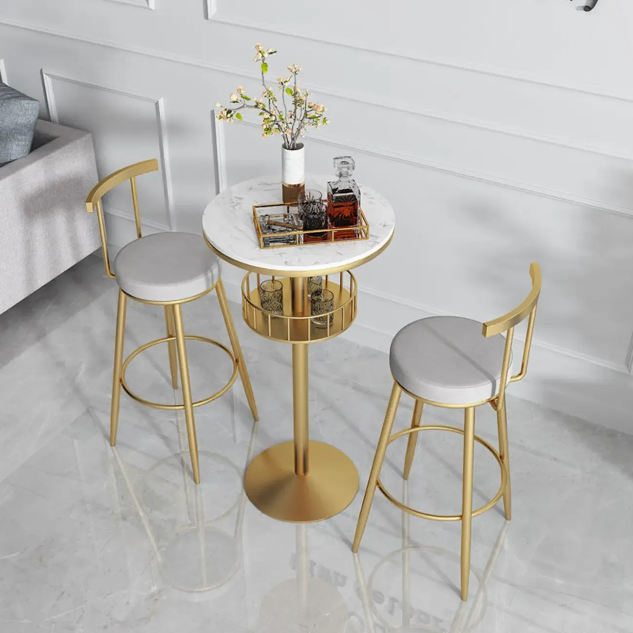 Glamorous Golden Marble Round Bar Table with Under Shelf Image - 1